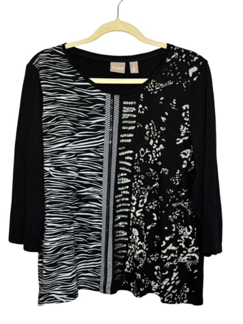 Chico's Blouse Women's Large Abstract Animal Print Knit Black Chicos 2